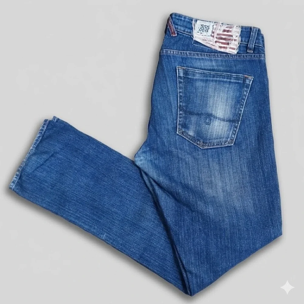 Polo Ralph Lauren Spencer Skinny‎ Mens 34x32 Blue Distressed Flag Denim Jeans